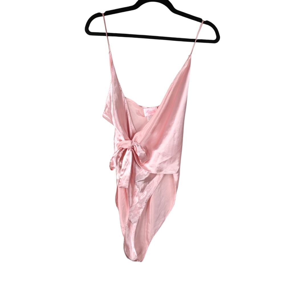 Vtg Romantic Moods Pastel Pink Satin Wrap Side Tie High Cut Teddy Bodysuit SZ M